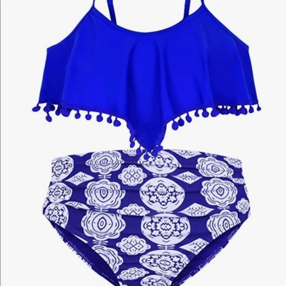 2Pc Flounce Bathing Suit w/ Tassels Blue & White